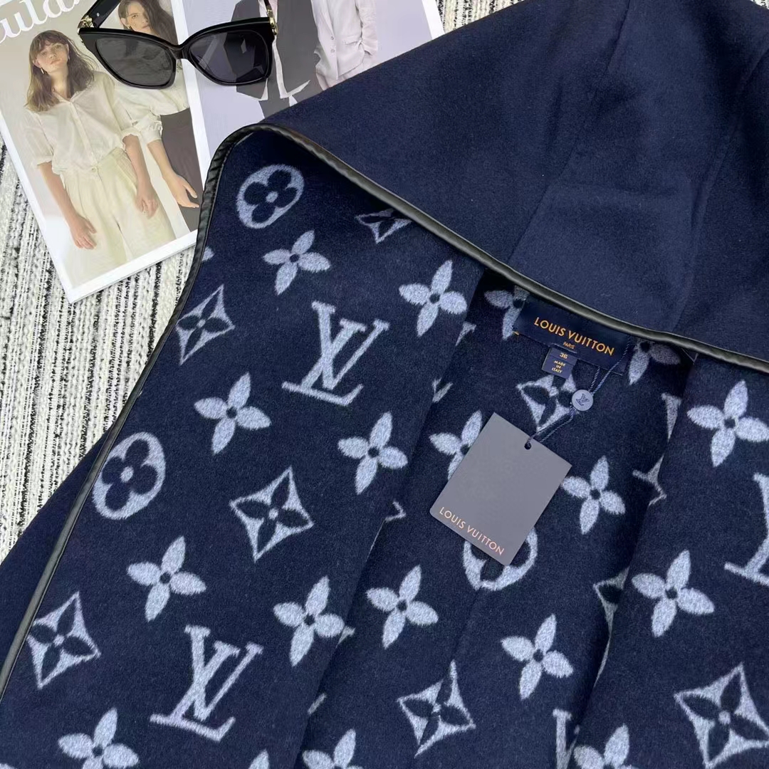 Louis Vuitton LV Women Signature Short Hooded Wrap Coat Wool Silk Petrol Blue Regular Fit