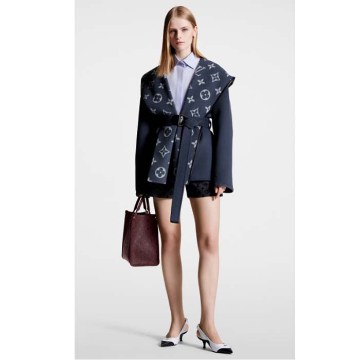 Louis Vuitton LV Women Signature Short Hooded Wrap Coat Wool Silk Petrol Blue Regular Fit
