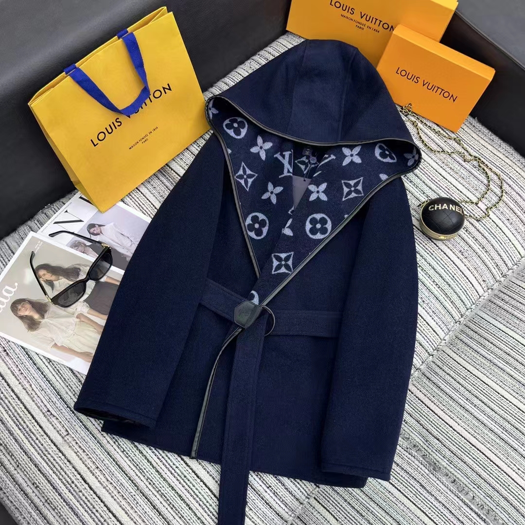 Louis Vuitton LV Women Signature Short Hooded Wrap Coat Wool Silk Petrol Blue Regular Fit