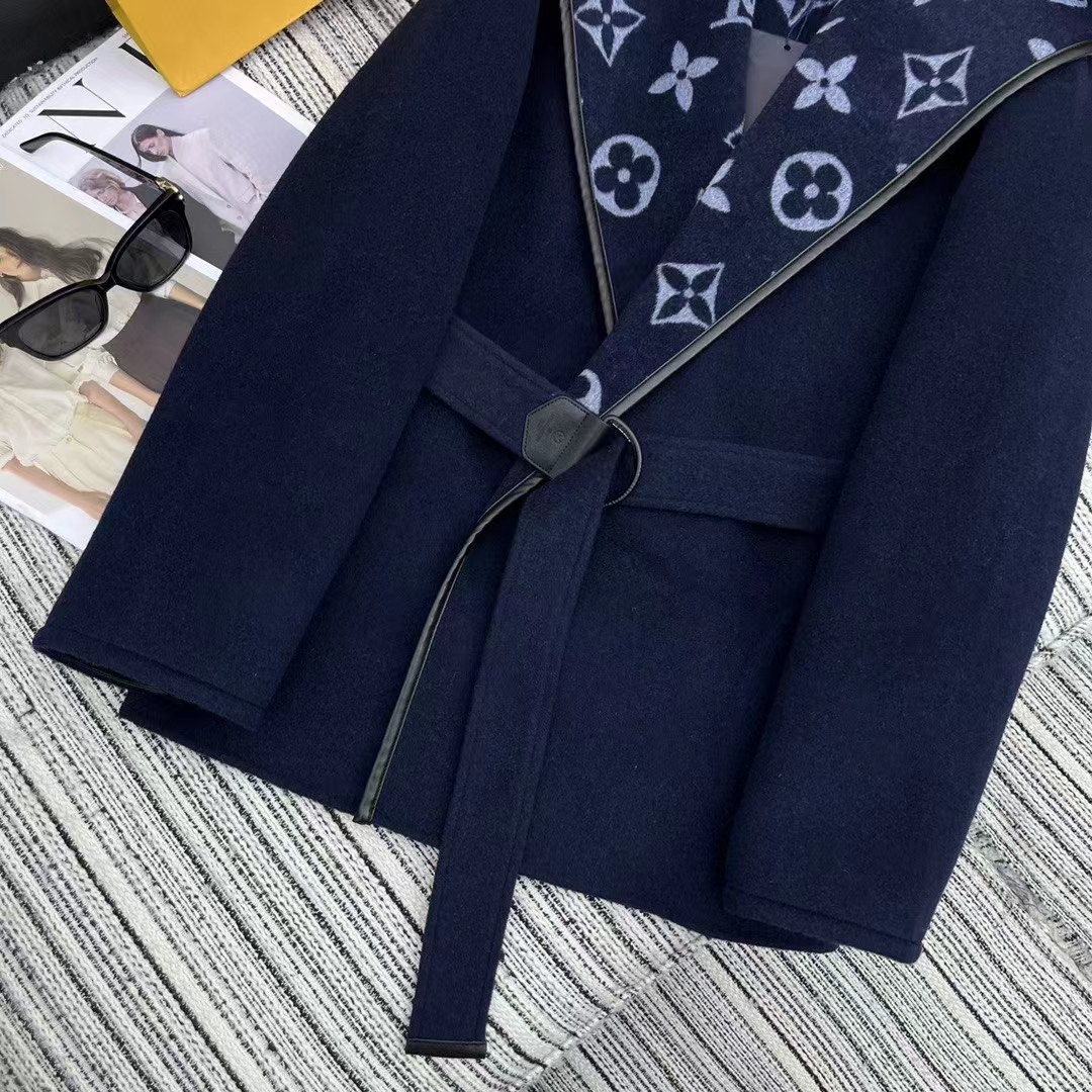 Louis Vuitton LV Women Signature Short Hooded Wrap Coat Wool Silk Petrol Blue Regular Fit