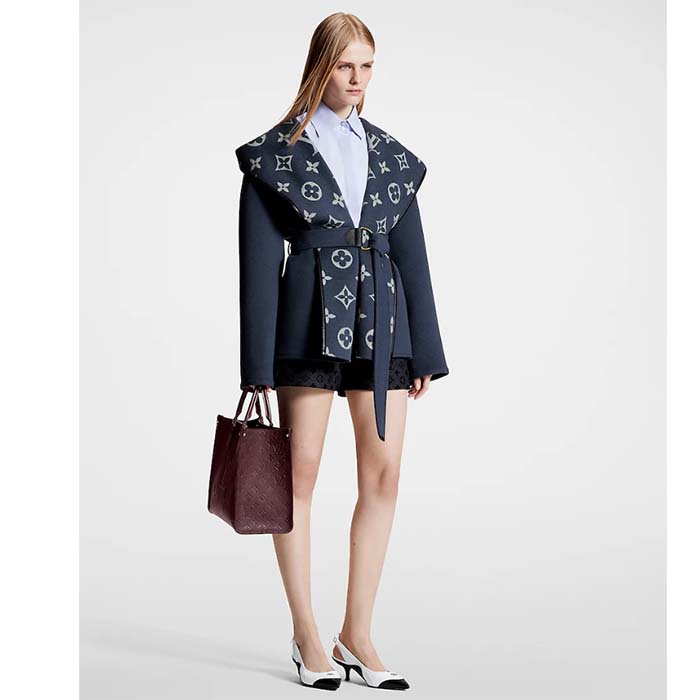 Louis Vuitton LV Women Signature Short Hooded Wrap Coat Wool Silk Petrol Blue Regular Fit