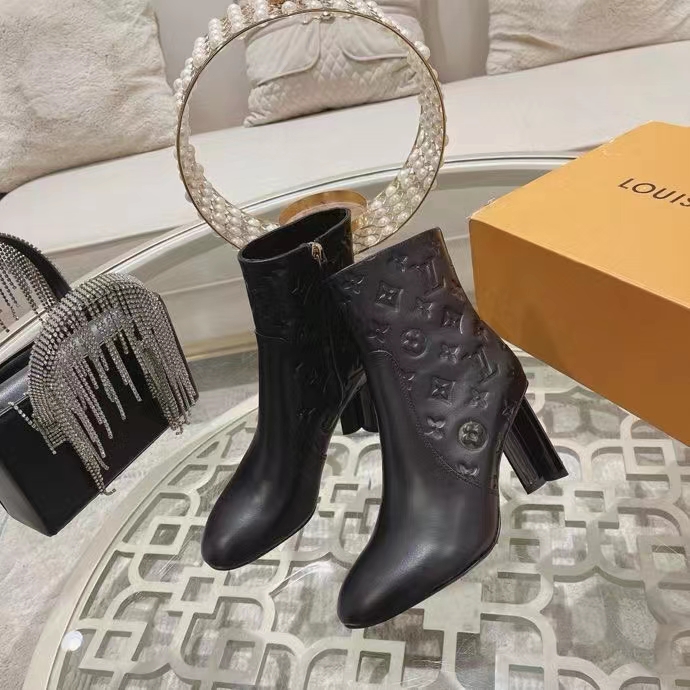 Louis Vuitton LV Women Silhouette Ankle Boot Black Monogram-Debossed Calf Leather 8 CM Heel