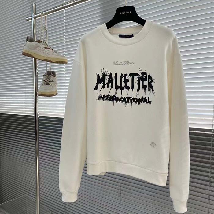 Louis Vuitton Men LV Cotton Sweatshirt Regular Fit Malletier International Brushed Jersey Milky White