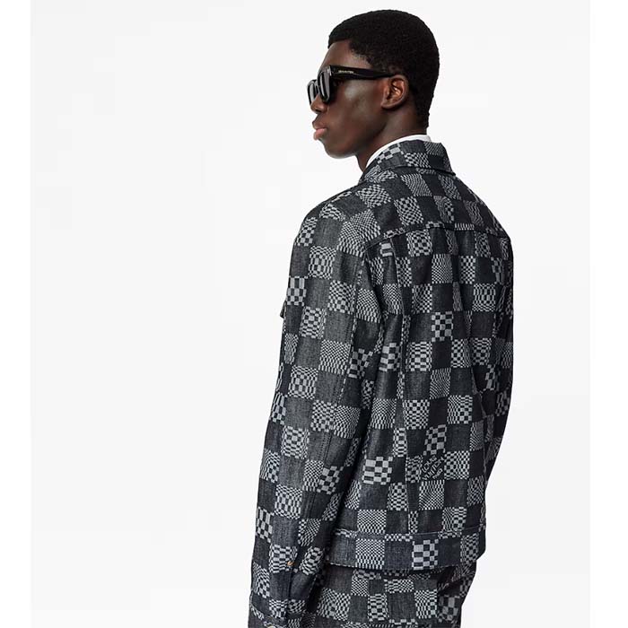 Louis Vuitton Men LV Distorted Damier Denim Jacket Cotton Indigo Blue Regular Fit