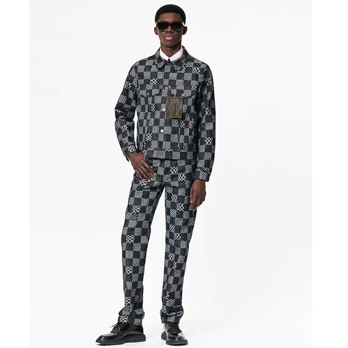 Louis Vuitton Men LV Distorted Damier Denim Jacket Cotton Indigo Blue Regular Fit