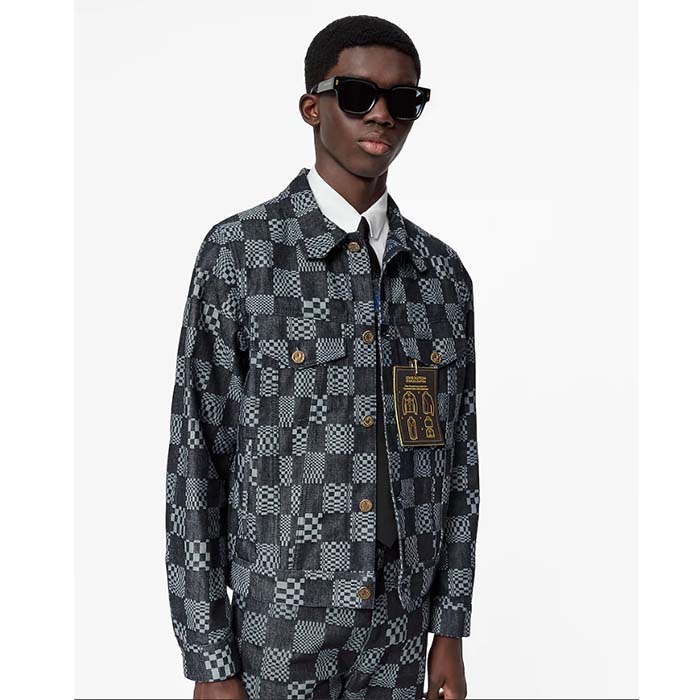 Louis Vuitton Men LV Distorted Damier Denim Jacket Cotton Indigo Blue Regular Fit