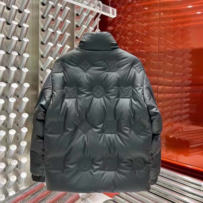 Louis Vuitton Men LV Monogram Leather Hooded Down Jacket Black Lamb Leather Anthracite Regular Fit