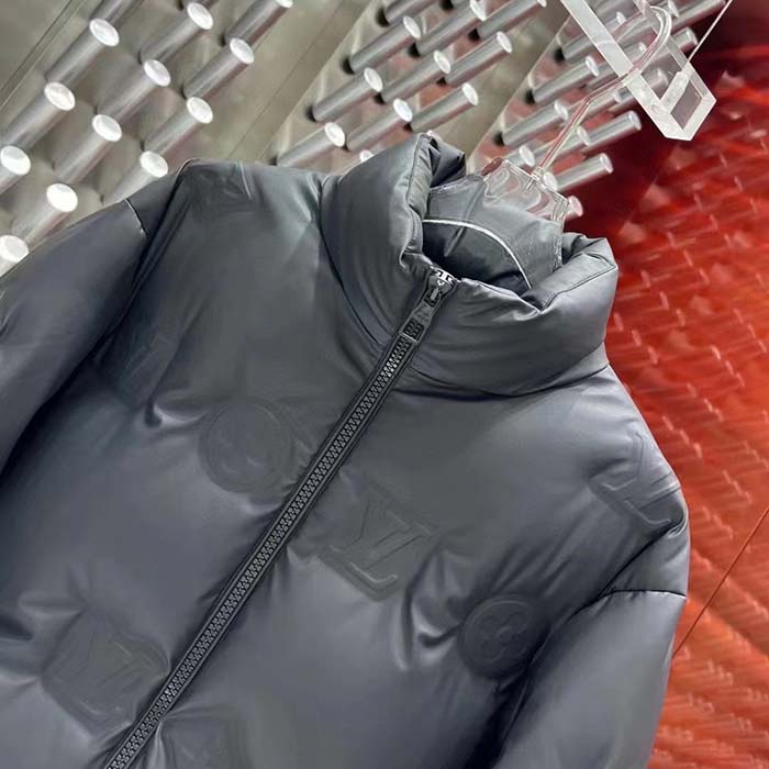 Louis Vuitton Men LV Monogram Leather Hooded Down Jacket Black Lamb Leather Anthracite Regular Fit