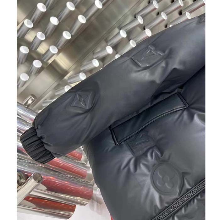 Louis Vuitton Men LV Monogram Leather Hooded Down Jacket Black Lamb Leather Anthracite Regular Fit