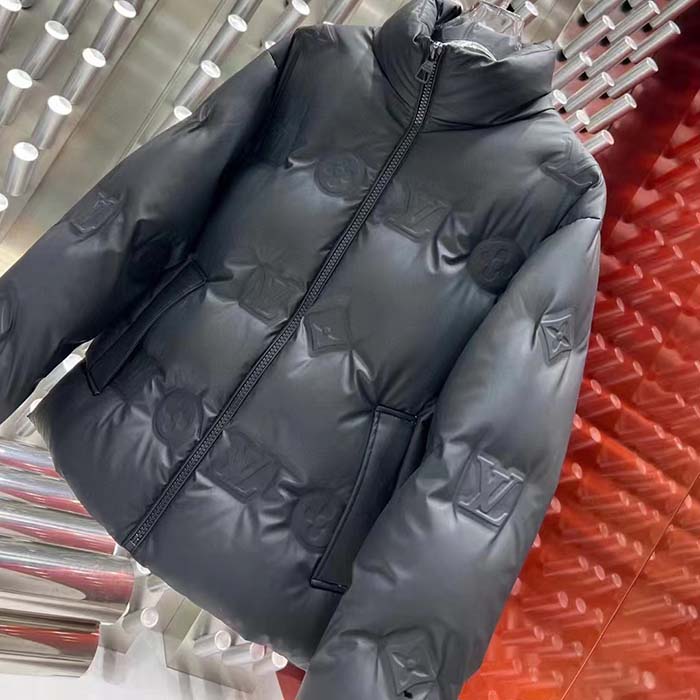 Louis Vuitton Men LV Monogram Leather Hooded Down Jacket Black Lamb Leather Anthracite Regular Fit