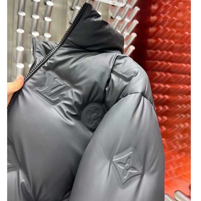 Louis Vuitton Men LV Monogram Leather Hooded Down Jacket Black Lamb Leather Anthracite Regular Fit