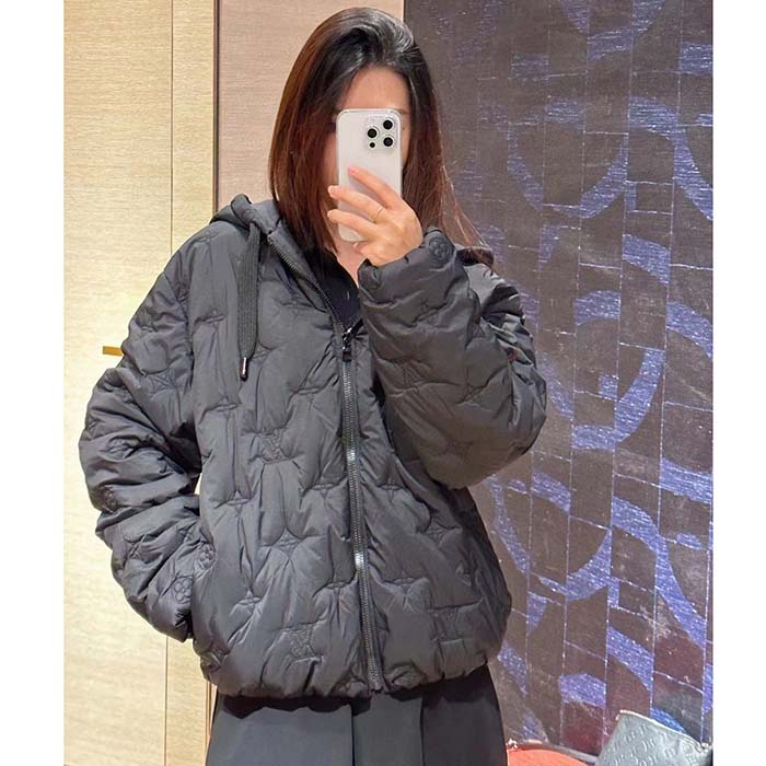 Louis Vuitton Women LV Monogram Quilted Hooded Blouson Regular Fit Allover Monogram Draw Cords Padded