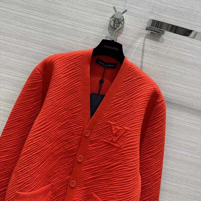 Louis Vuitton Men Wool Cardigan Regular Fit LV Epi XL Knitted Motif Red Certified Merino
