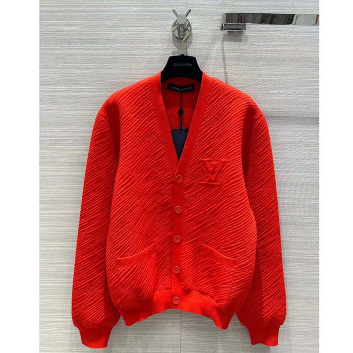 Louis Vuitton Men Wool Cardigan Regular Fit LV Epi XL Knitted Motif Red Certified Merino