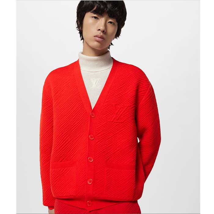 Louis Vuitton Men Wool Cardigan Regular Fit LV Epi XL Knitted Motif Red Certified Merino