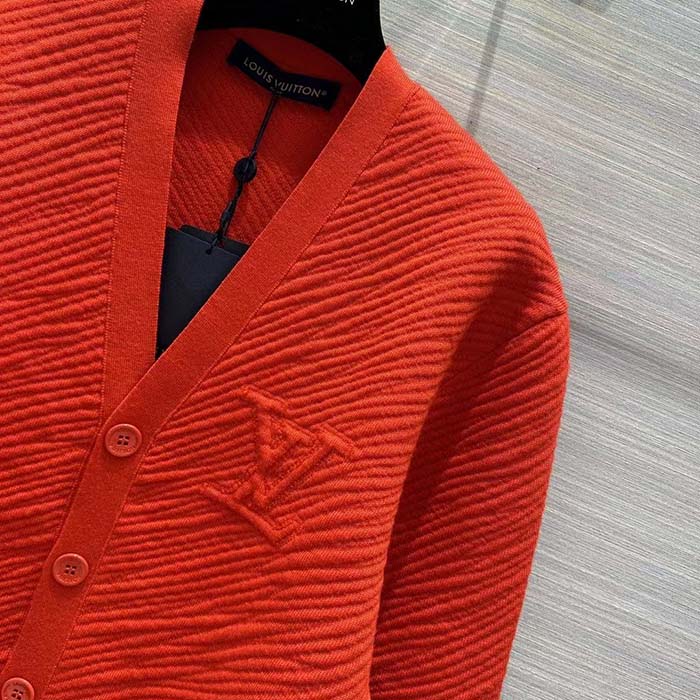 Louis Vuitton Men Wool Cardigan Regular Fit LV Epi XL Knitted Motif Red Certified Merino