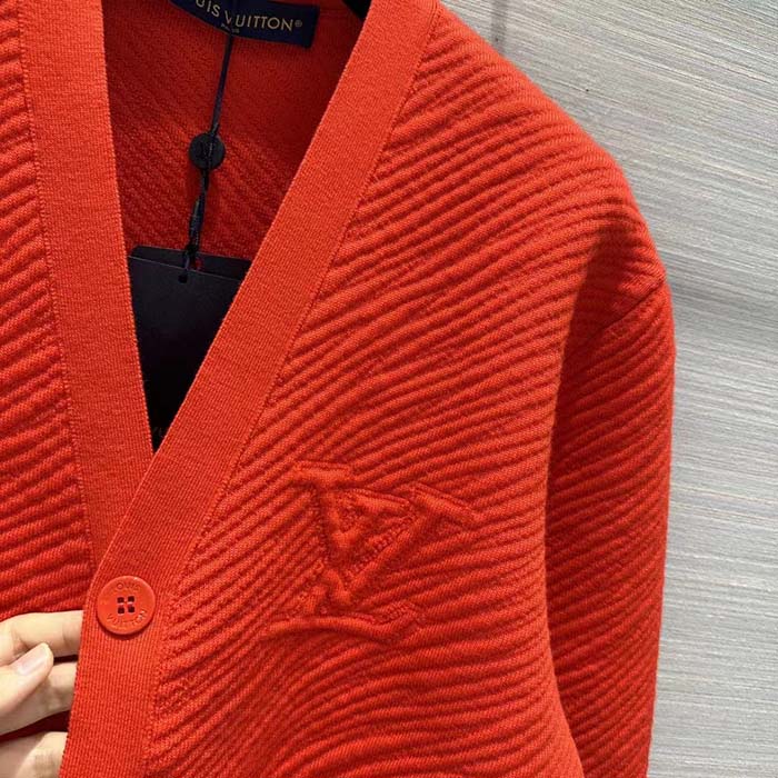 Louis Vuitton Men Wool Cardigan Regular Fit LV Epi XL Knitted Motif Red Certified Merino