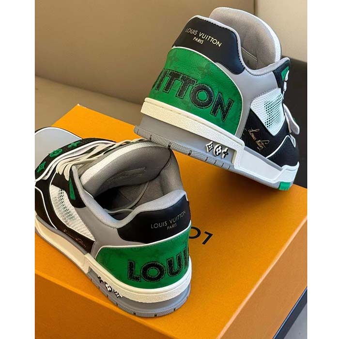 Louis Vuitton Unisex Exclusively Online LV Trainer Sneaker Green Grained Calf Leather Monogram Canvas