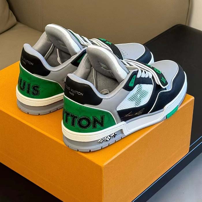 Louis Vuitton Unisex Exclusively Online LV Trainer Sneaker Green Grained Calf Leather Monogram Canvas