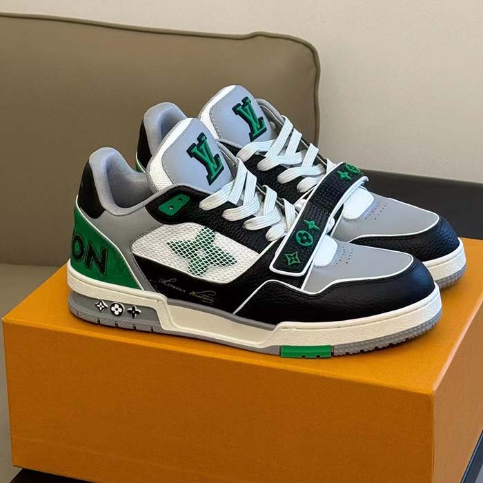 Louis Vuitton Unisex Exclusively Online LV Trainer Sneaker Green Grained Calf Leather Monogram Canvas