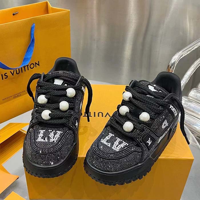 Louis Vuitton Unisex LV Trainer Maxi Sneaker Black Swarovski™ Crystals Textile Laces Rubber Outsole