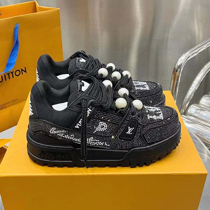 Louis Vuitton Unisex LV Trainer Maxi Sneaker Black Swarovski™ Crystals Textile Laces Rubber Outsole