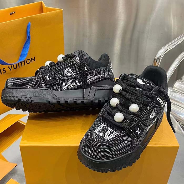 Louis Vuitton Unisex LV Trainer Maxi Sneaker Black Swarovski™ Crystals Textile Laces Rubber Outsole