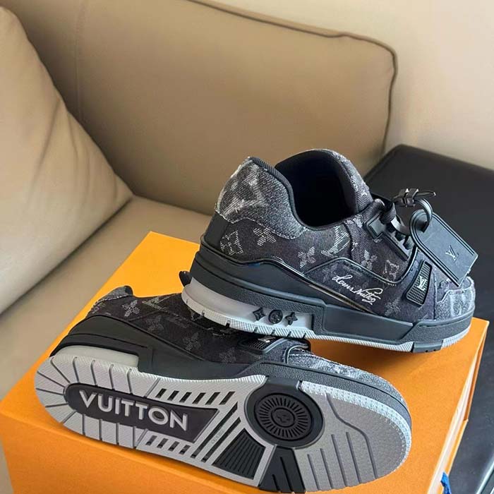 Louis Vuitton Unisex LV Trainer Sneaker Black Monogram Denim Rubber Outsole Monogram Flowers