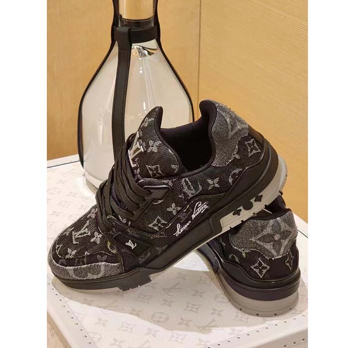 Louis Vuitton Unisex LV Trainer Sneaker Black Monogram Denim Rubber Outsole Monogram Flowers