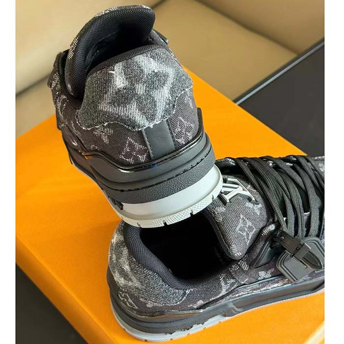 Louis Vuitton Unisex LV Trainer Sneaker Black Monogram Denim Rubber Outsole Monogram Flowers