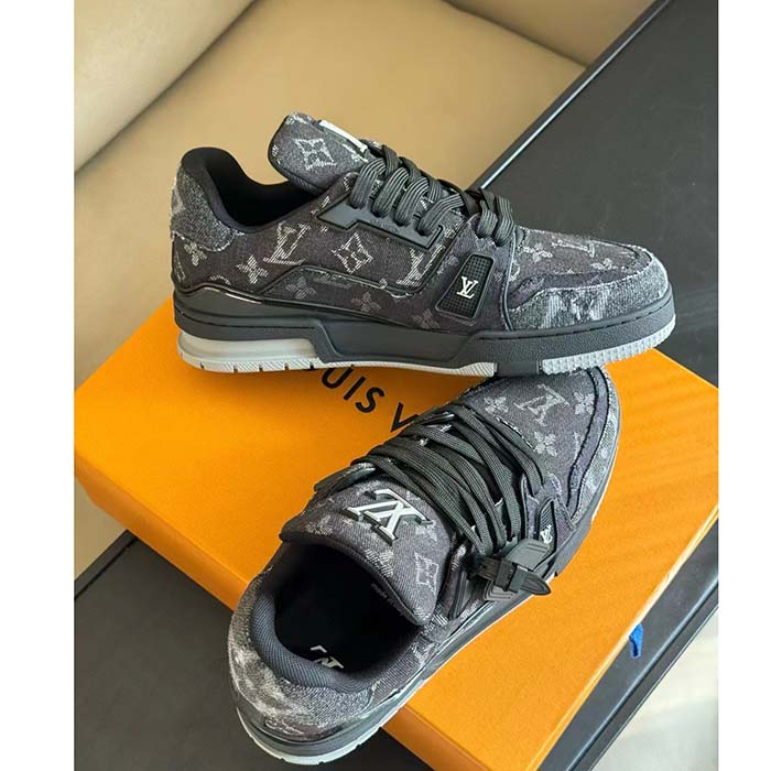 Louis Vuitton Unisex LV Trainer Sneaker Black Monogram Denim Rubber Outsole Monogram Flowers