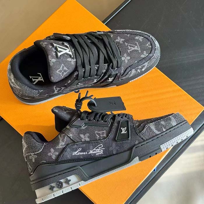 Louis Vuitton Unisex LV Trainer Sneaker Black Monogram Denim Rubber Outsole Monogram Flowers