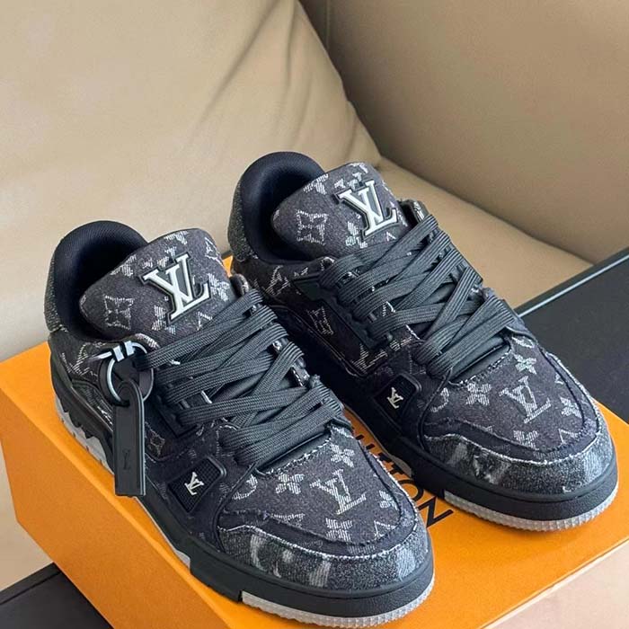 Louis Vuitton Unisex LV Trainer Sneaker Black Monogram Denim Rubber Outsole Monogram Flowers