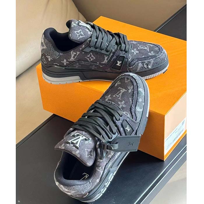 Louis Vuitton Unisex LV Trainer Sneaker Black Monogram Denim Rubber Outsole Monogram Flowers