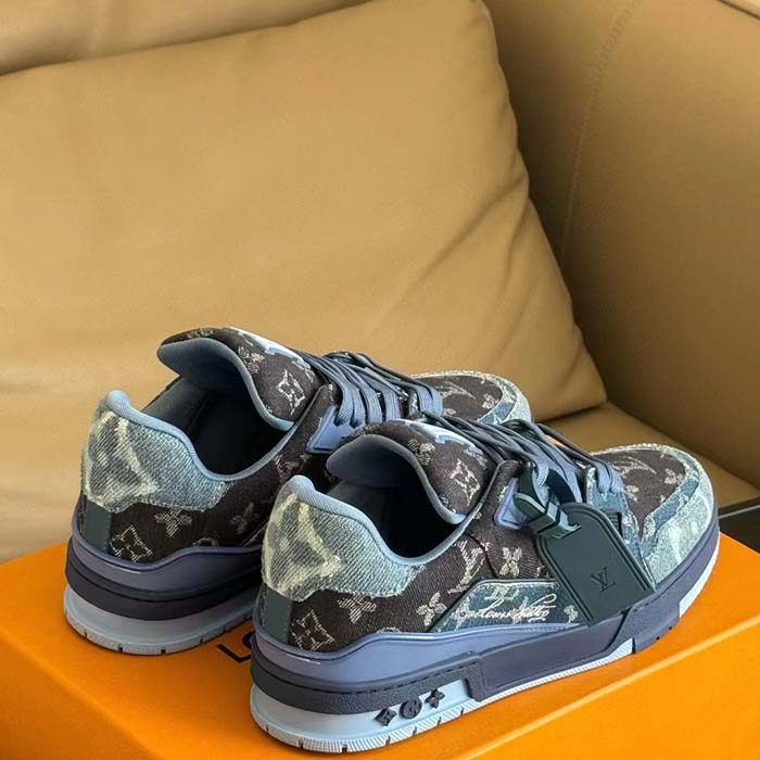 Louis Vuitton Unisex LV Trainer Sneaker Blue Monogram Denim Rubber Outsole Monogram Flowers