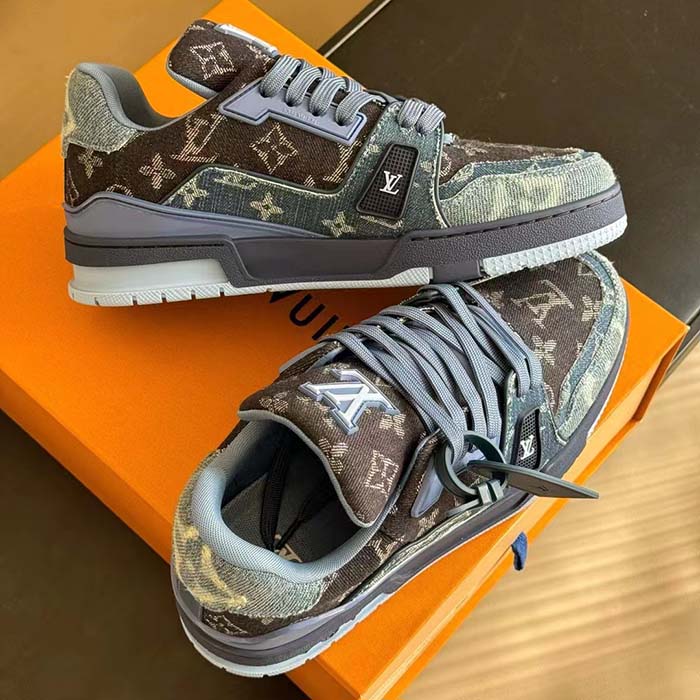 Louis Vuitton Unisex LV Trainer Sneaker Blue Monogram Denim Rubber Outsole Monogram Flowers