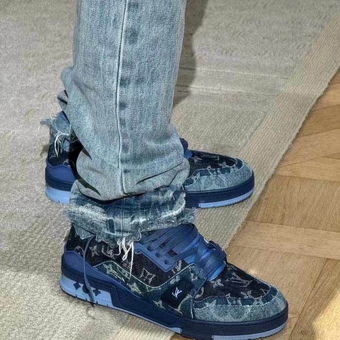 Louis Vuitton Unisex LV Trainer Sneaker Blue Monogram Denim Rubber Outsole Monogram Flowers