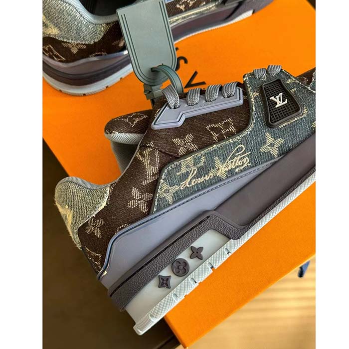 Louis Vuitton Unisex LV Trainer Sneaker Blue Monogram Denim Rubber Outsole Monogram Flowers