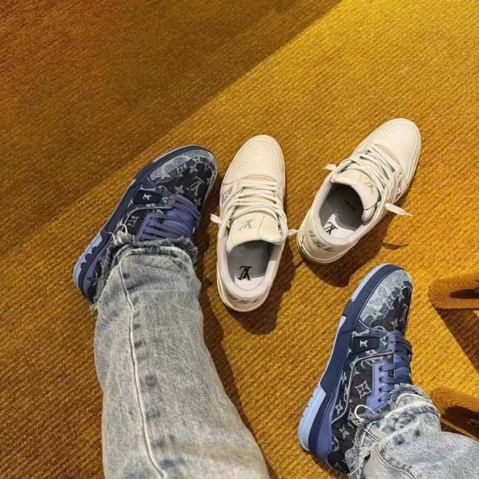 Louis Vuitton Unisex LV Trainer Sneaker Blue Monogram Denim Rubber Outsole Monogram Flowers