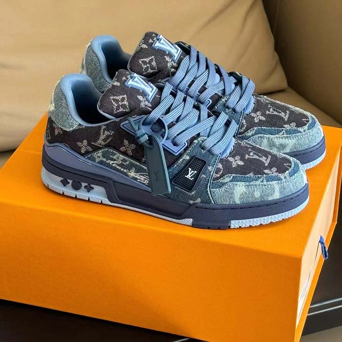 Louis Vuitton Unisex LV Trainer Sneaker Blue Monogram Denim Rubber Outsole Monogram Flowers