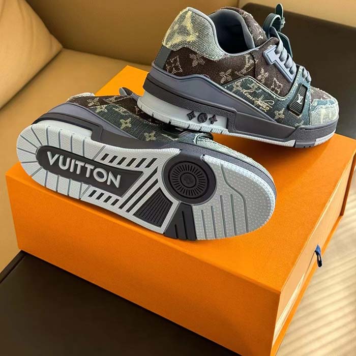 Louis Vuitton Unisex LV Trainer Sneaker Blue Monogram Denim Rubber Outsole Monogram Flowers