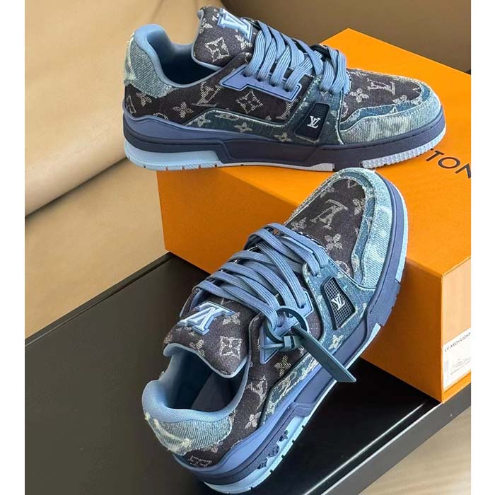 Louis Vuitton Unisex LV Trainer Sneaker Blue Monogram Denim Rubber Outsole Monogram Flowers