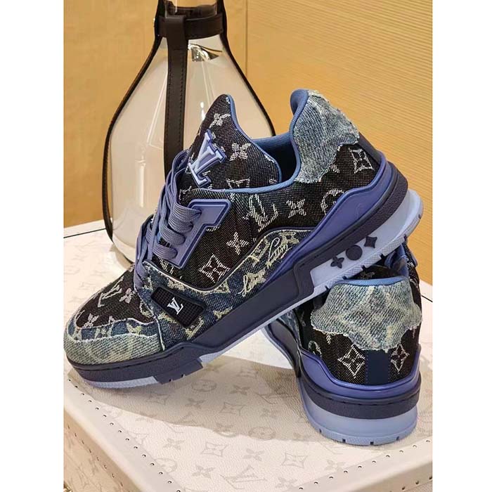 Louis Vuitton Unisex LV Trainer Sneaker Blue Monogram Denim Rubber Outsole Monogram Flowers
