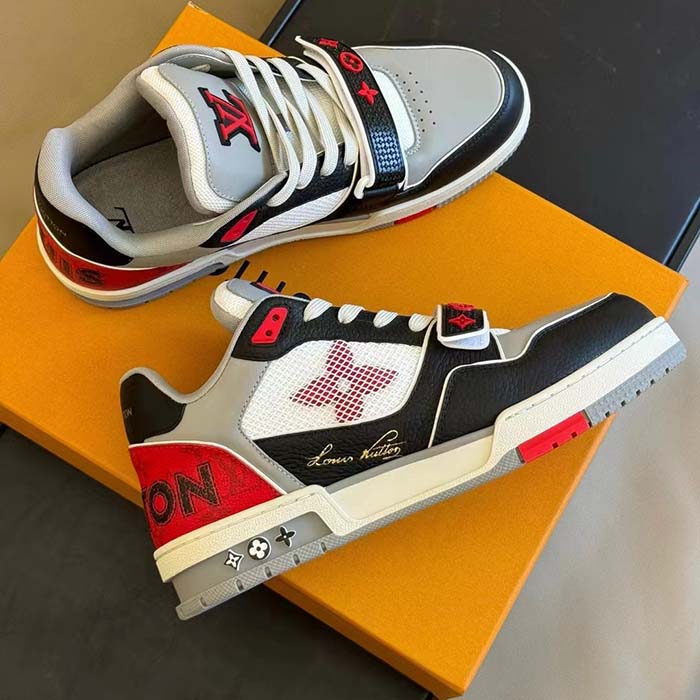 Louis Vuitton Unisex LV Trainer Sneaker Red Grained Calf Leather Monogram Canvas