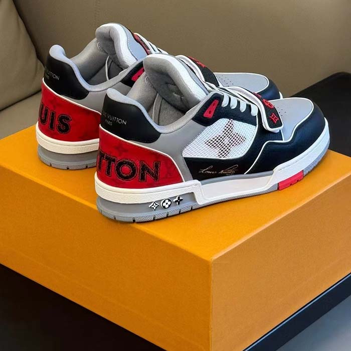 Louis Vuitton Unisex LV Trainer Sneaker Red Grained Calf Leather Monogram Canvas
