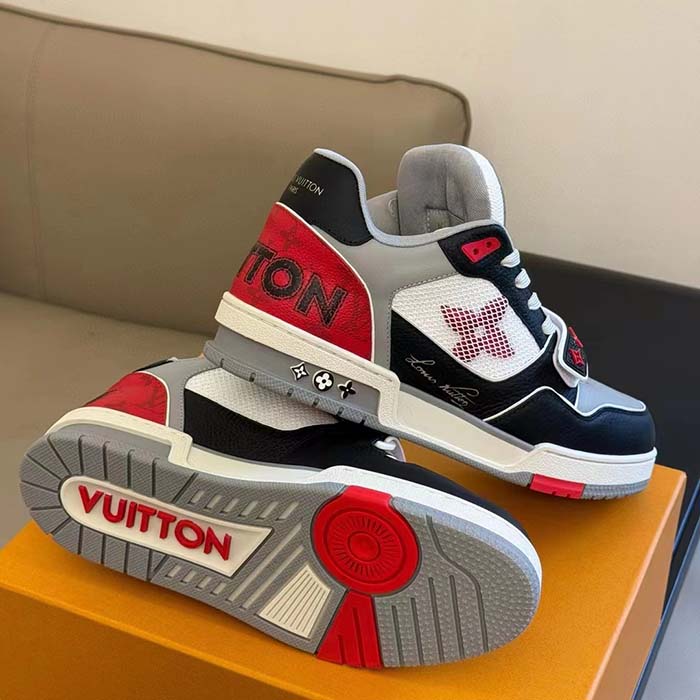 Louis Vuitton Unisex LV Trainer Sneaker Red Grained Calf Leather Monogram Canvas