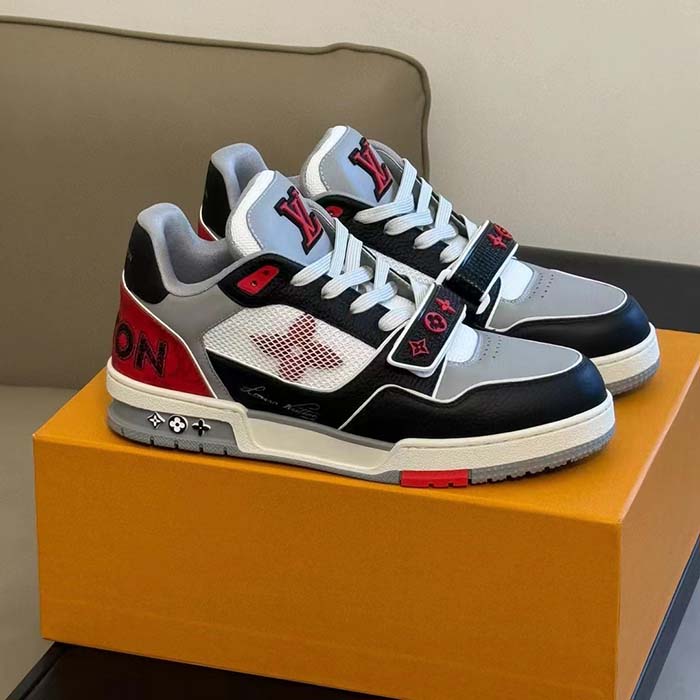 Louis Vuitton Unisex LV Trainer Sneaker Red Grained Calf Leather Monogram Canvas