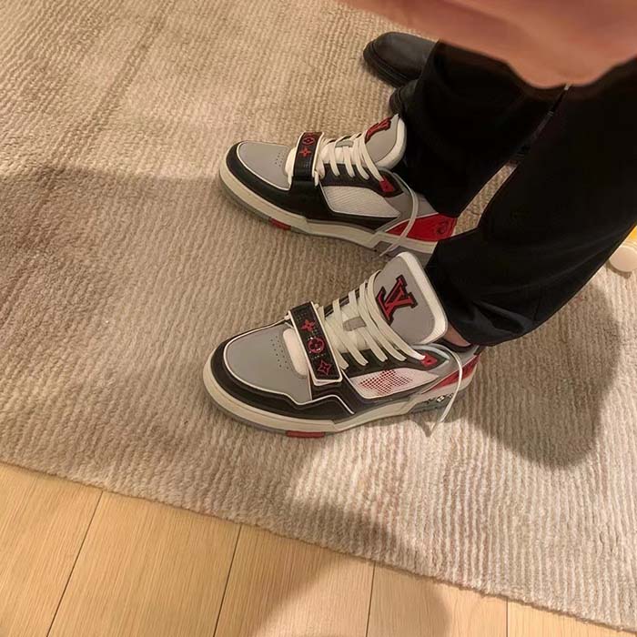 Louis Vuitton Unisex LV Trainer Sneaker Red Grained Calf Leather Monogram Canvas