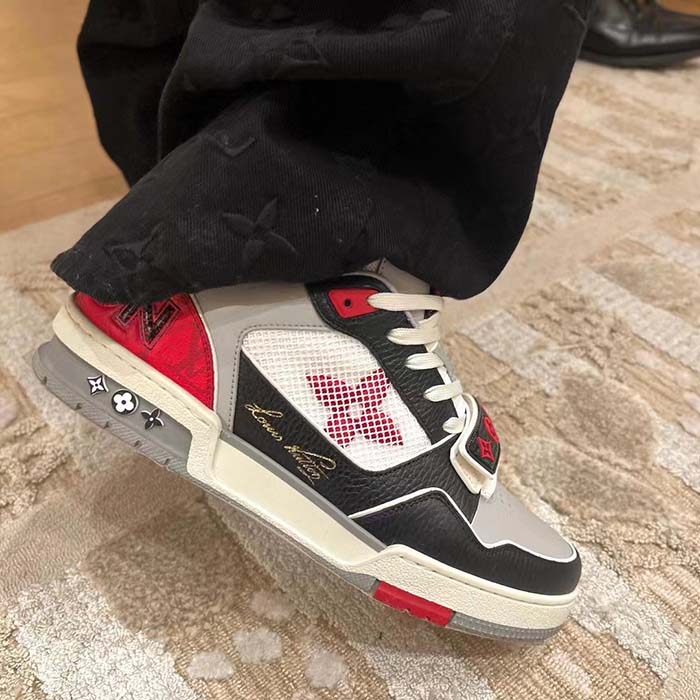 Louis Vuitton Unisex LV Trainer Sneaker Red Grained Calf Leather Monogram Canvas