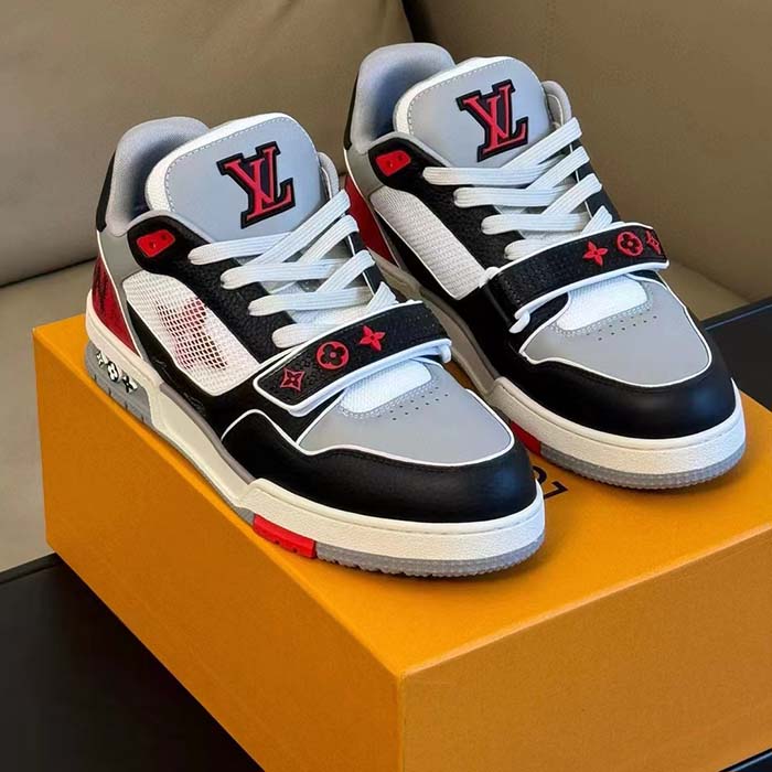 Louis Vuitton Unisex LV Trainer Sneaker Red Grained Calf Leather Monogram Canvas